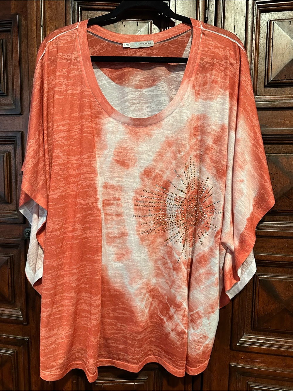 4 Maurices Coral and White Tie-Dye Scoop Neck Top with Sunburst Stud Detail